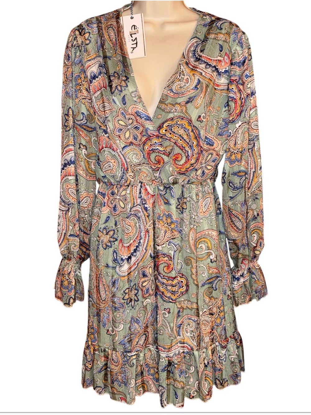 ÉLSTA by CSN Sage Green Paisley Wrap-Style Mini Dress